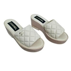Chanel CC Wood Platform Sandal Slide Mule Size 39 US 8 8.5 Quilted Beige Leather
